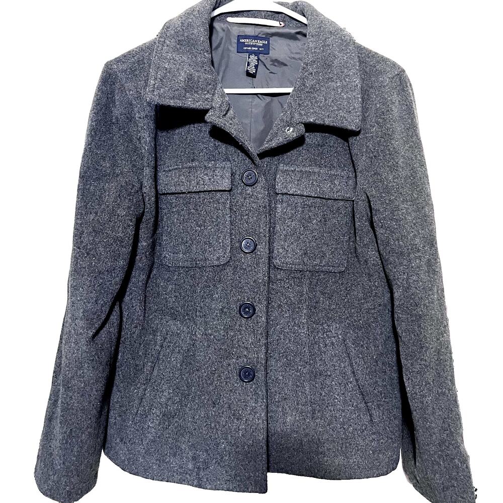 American Eagle Gray Wool Coat Jacket Womens Large Button Front Peacoat Military